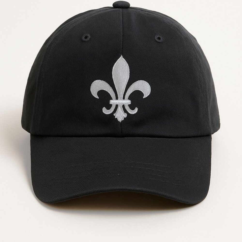 Gents Brand Fleur-de-Lis Black Baseball Cap Elastic Back, One Size 22"